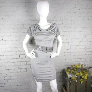 Lucy Paris Ruched Cowl Neck Belted Bodycon Dress Gry S/M